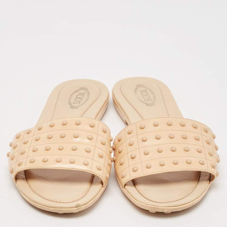 Pre Owned Tod's Beige Leather Studded Flat Slides Size 40 