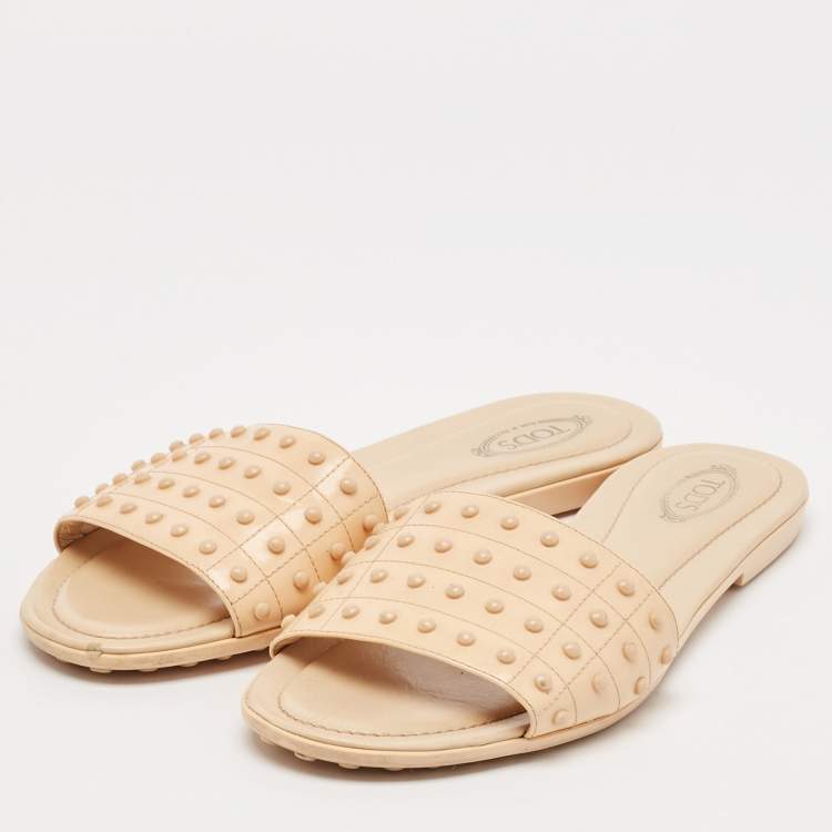 Pre Owned Tod's Beige Leather Studded Flat Slides Size 40 