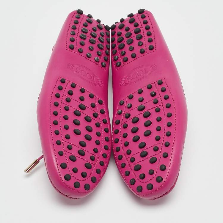 Pre Owned Tod's Pink Leather Bow Gommino Slip On Loafers Size 37.5