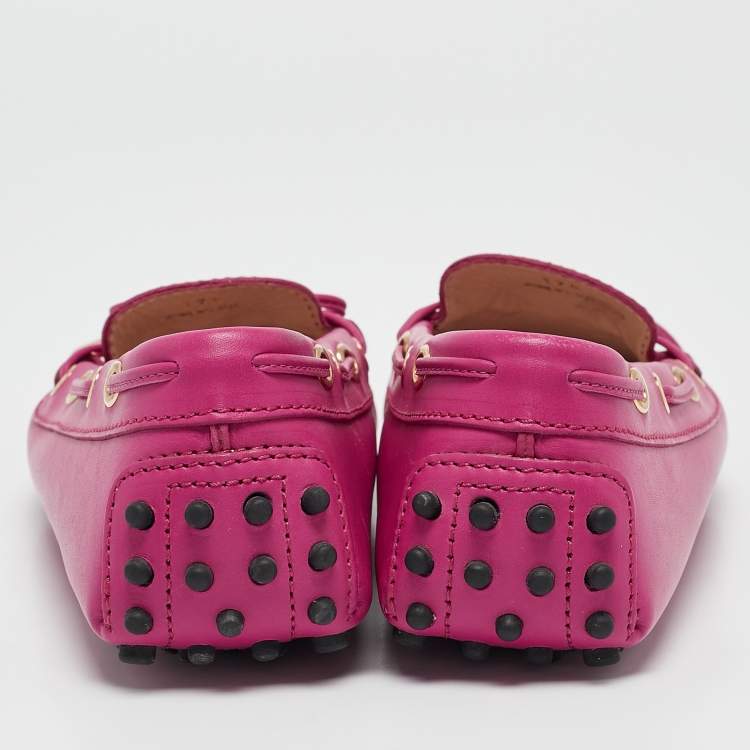 Pre Owned Tod's Pink Leather Bow Gommino Slip On Loafers Size 37.5