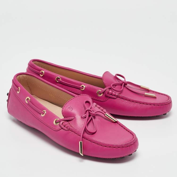 Pre Owned Tod's Pink Leather Bow Gommino Slip On Loafers Size 37.5