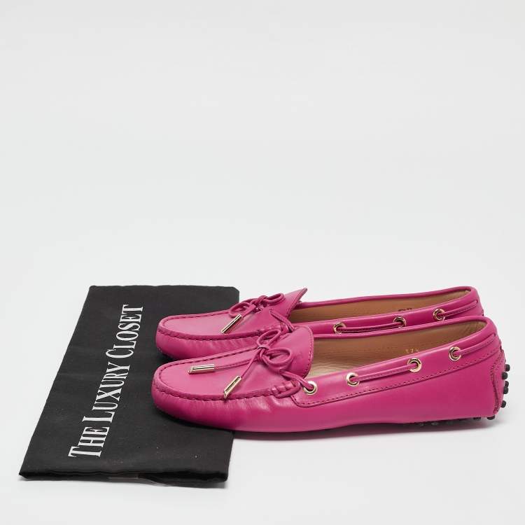 Pre Owned Tod's Pink Leather Bow Gommino Slip On Loafers Size 37.5