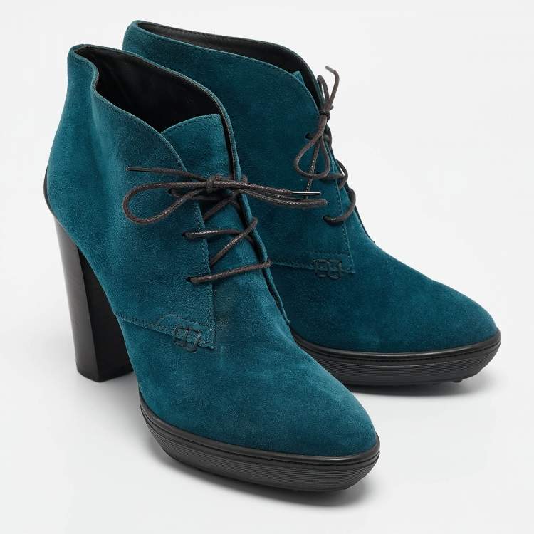 Pre Owned Tod's Blue Suede Lace Up Ankle Length Boots Size 39.5