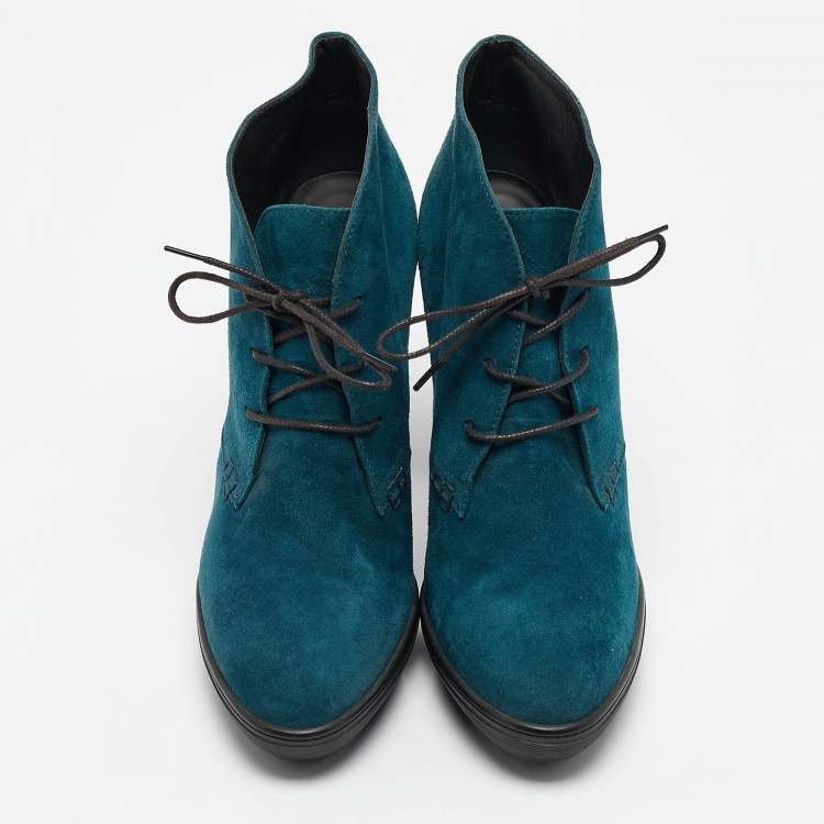 Pre Owned Tod's Blue Suede Lace Up Ankle Length Boots Size 39.5