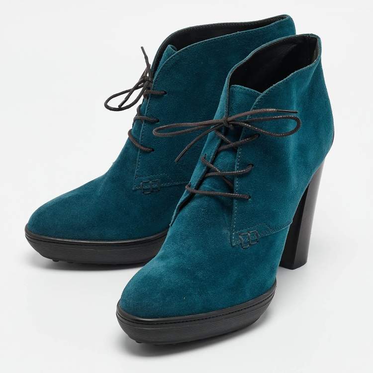 Pre Owned Tod's Blue Suede Lace Up Ankle Length Boots Size 39.5