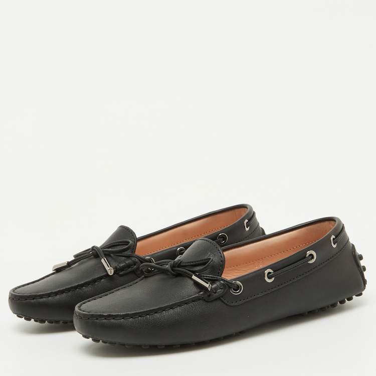 Pre Owned Tod's Black Leather Bow Driving Gommino Slip On Loafers Size 36