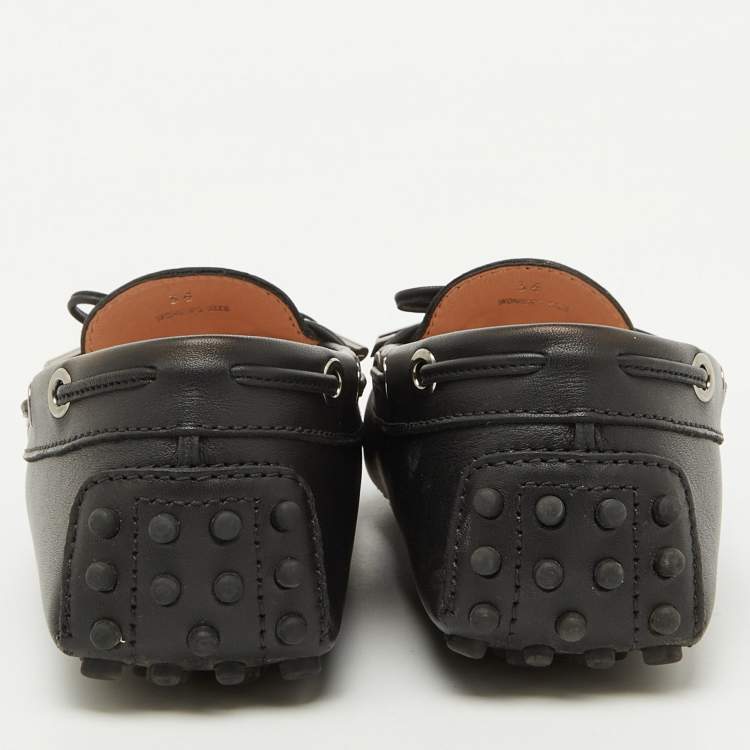 Pre Owned Tod's Black Leather Bow Driving Gommino Slip On Loafers Size 36