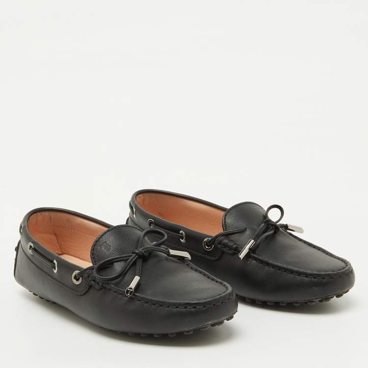 Pre Owned Tod's Black Leather Bow Driving Gommino Slip On Loafers Size 36