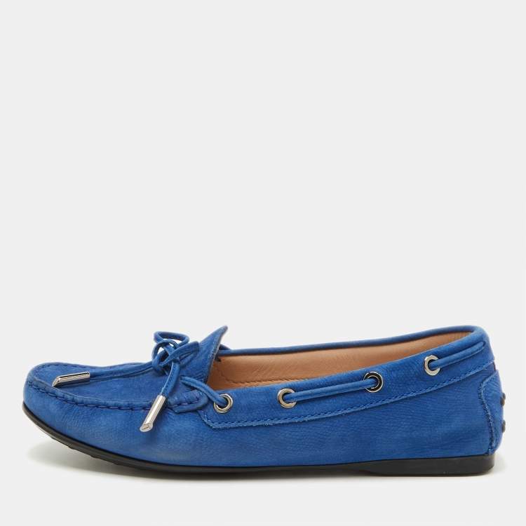 مملوكة مسبقًا Tod's Blue Leather Bow Driving Gommino Slip On Loafers Size 37