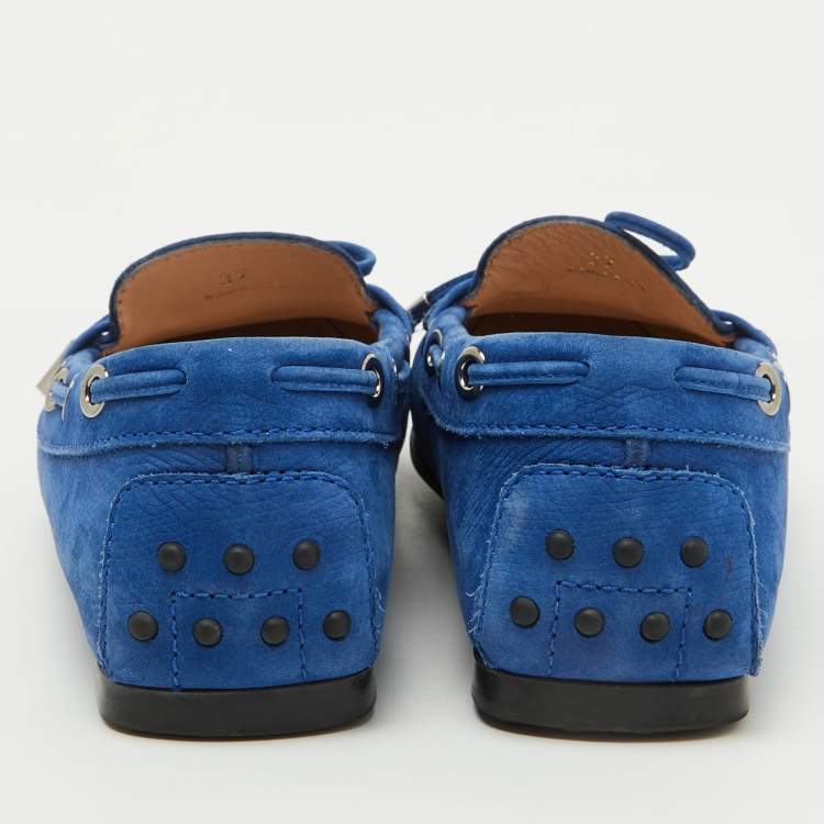 مملوكة مسبقًا Tod's Blue Leather Bow Driving Gommino Slip On Loafers Size 37