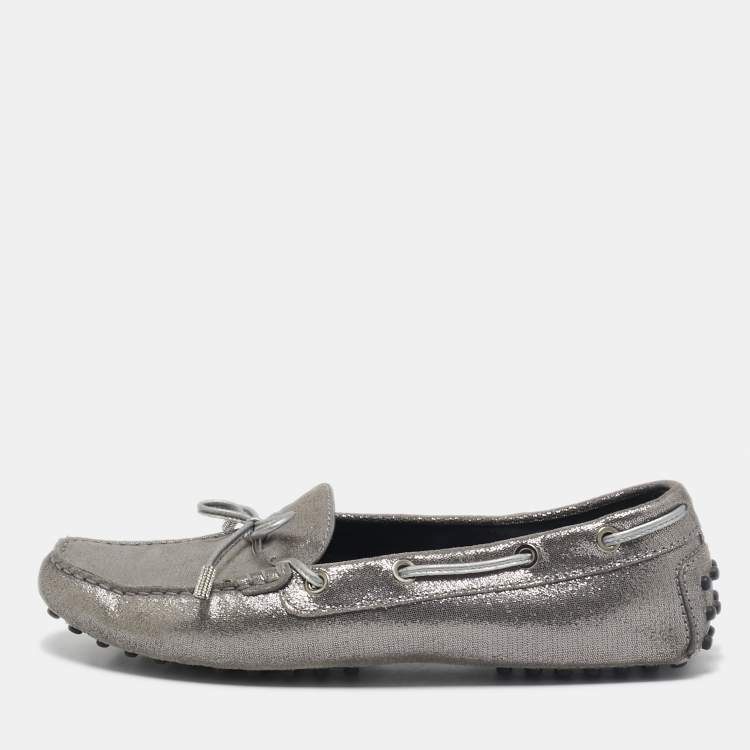 Pre Owned Tod's Grey/Silver Textured Suede Bow Slip On Loafers Size 38