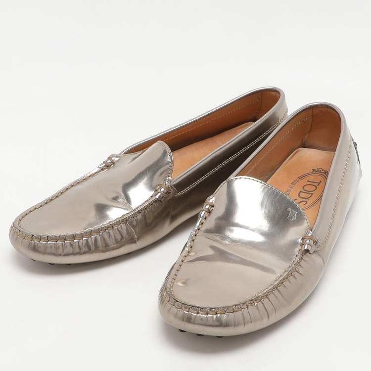 Pre Owned Tod's Metallic Patent Leather Penny Loafers Size 38.5