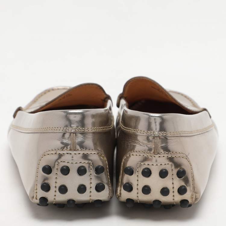 Pre Owned Tod's Metallic Patent Leather Penny Loafers Size 38.5