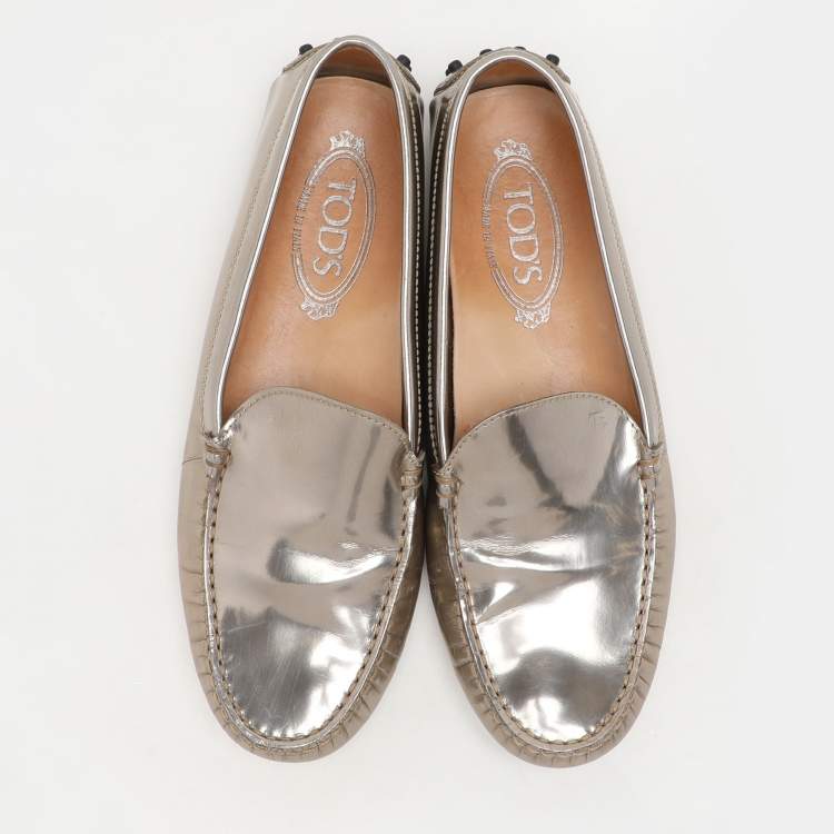 Pre Owned Tod's Metallic Patent Leather Penny Loafers Size 38.5