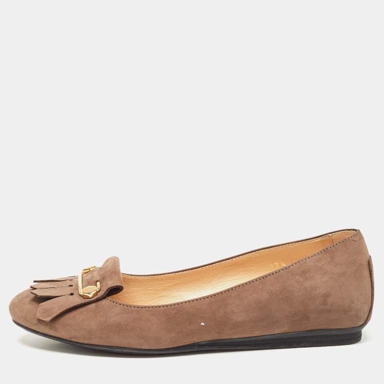 Pre Owned Tod's Brown Nubuck Leather Fringe Detail Ballet Flats Size 37.5