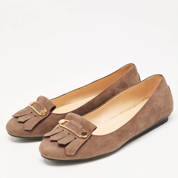 Pre Owned Tod's Brown Nubuck Leather Fringe Detail Ballet Flats Size 37.5