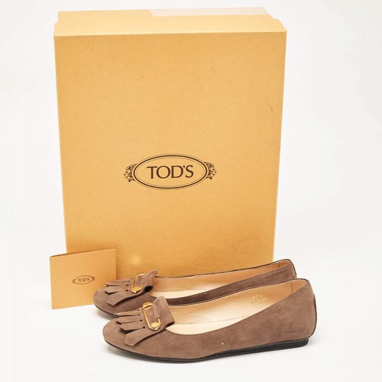 Pre Owned Tod's Brown Nubuck Leather Fringe Detail Ballet Flats Size 37.5