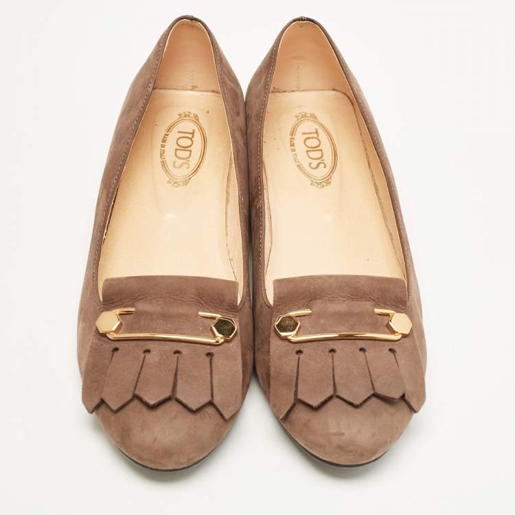 Pre Owned Tod's Brown Nubuck Leather Fringe Detail Ballet Flats Size 37.5