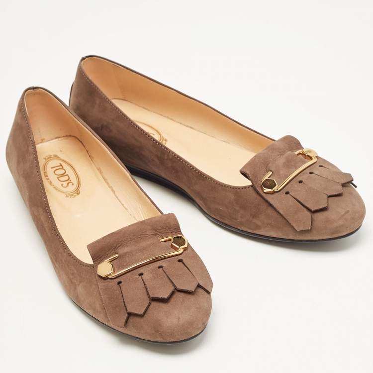 Pre Owned Tod's Brown Nubuck Leather Fringe Detail Ballet Flats Size 37.5