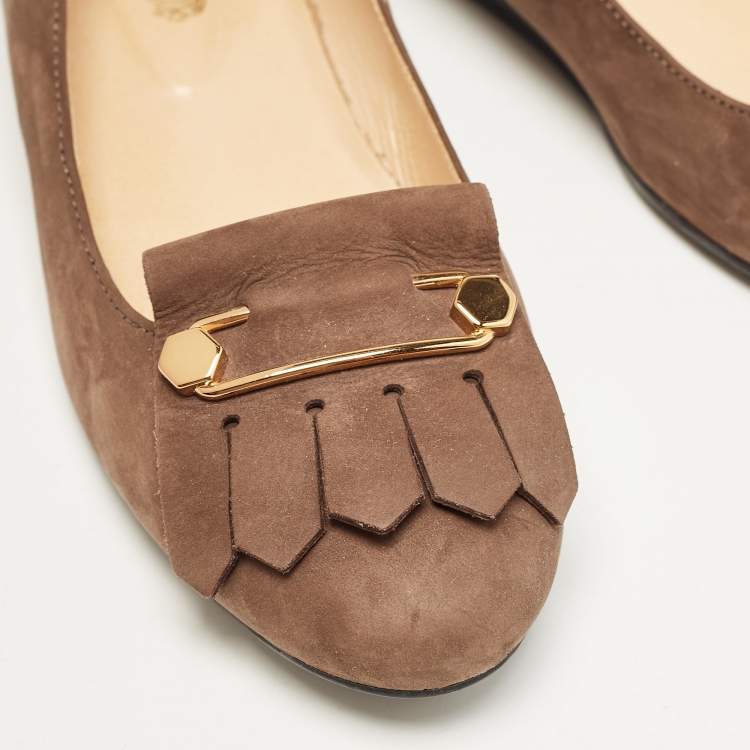 Pre Owned Tod's Brown Nubuck Leather Fringe Detail Ballet Flats Size 37.5