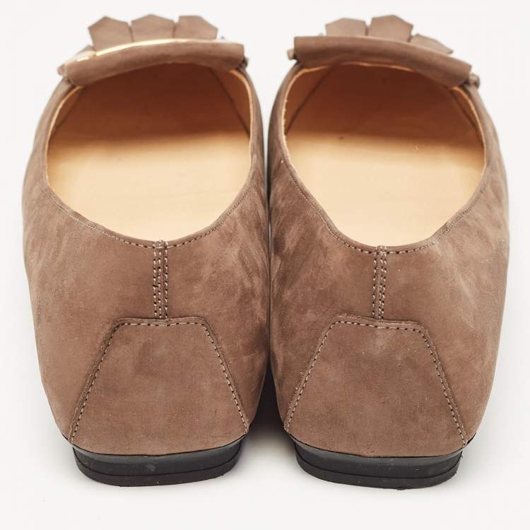 Pre Owned Tod's Brown Nubuck Leather Fringe Detail Ballet Flats Size 37.5