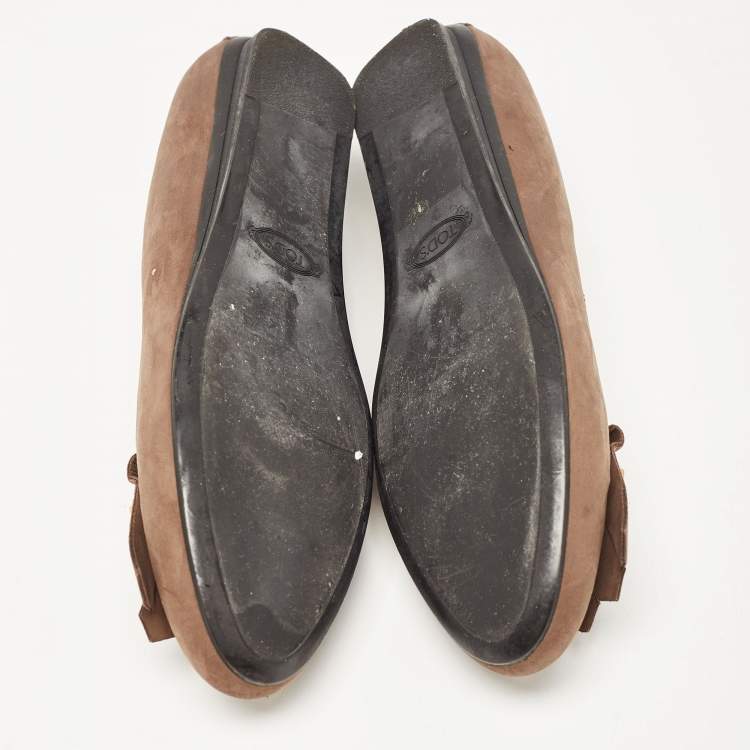 Pre Owned Tod's Brown Nubuck Leather Fringe Detail Ballet Flats Size 37.5