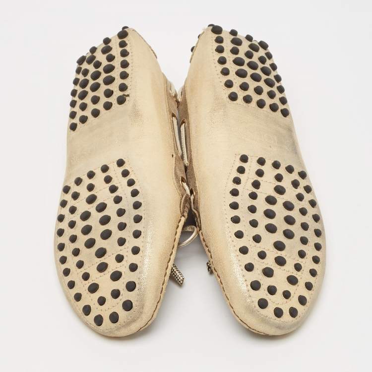 Pre Owned Tod's Grey/Gold Textured Suede Bow Slip On Loafers Size 38