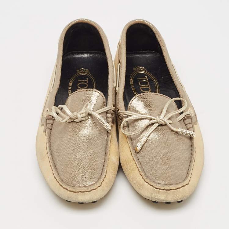 Pre Owned Tod's Grey/Gold Textured Suede Bow Slip On Loafers Size 38
