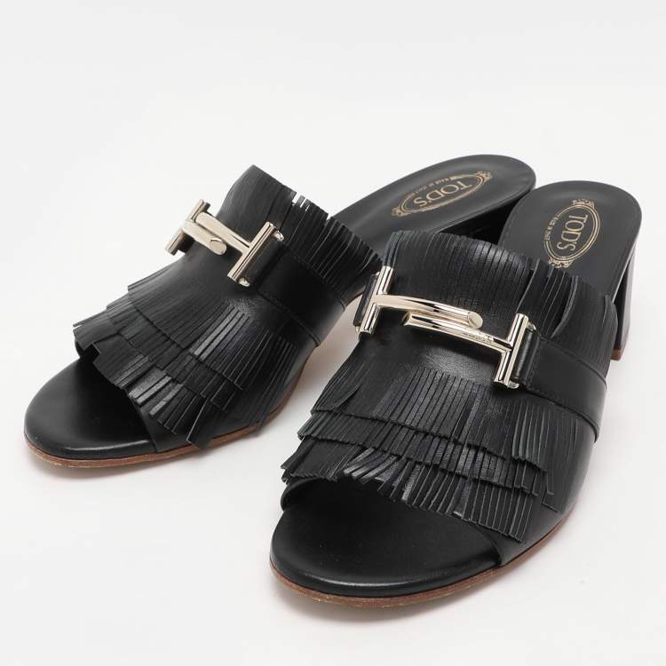 Pre Owned Tod's Black Leather Double T Fringe Slide Sandals Size 39