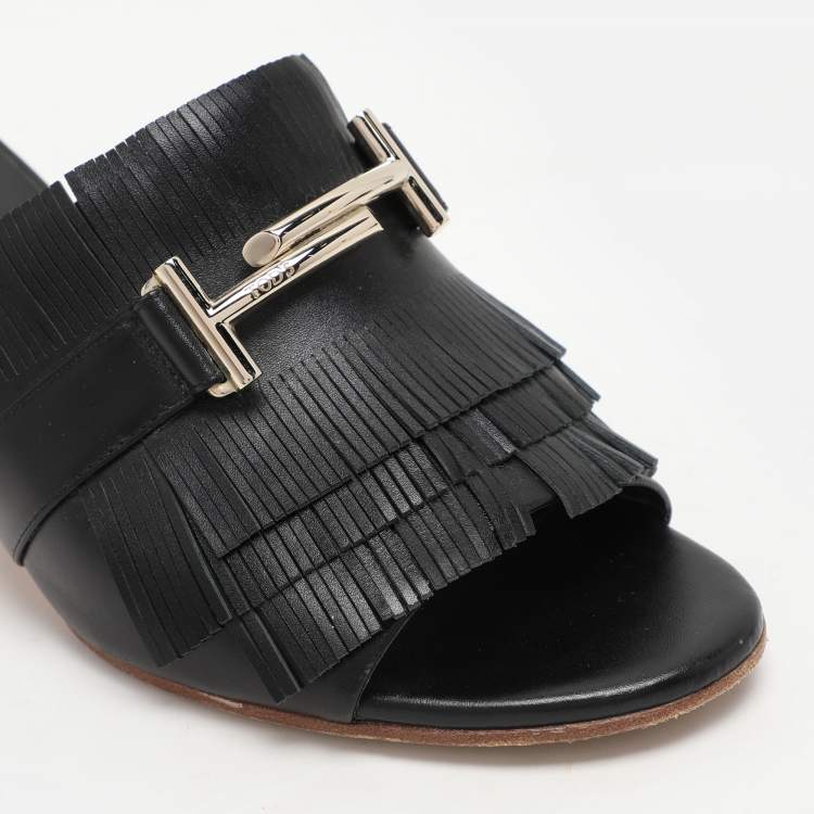 Pre Owned Tod's Black Leather Double T Fringe Slide Sandals Size 39