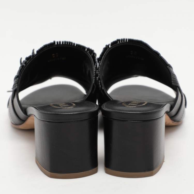 Pre Owned Tod's Black Leather Double T Fringe Slide Sandals Size 39