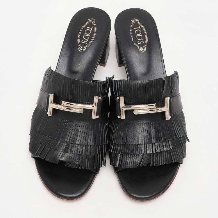 Pre Owned Tod's Black Leather Double T Fringe Slide Sandals Size 39