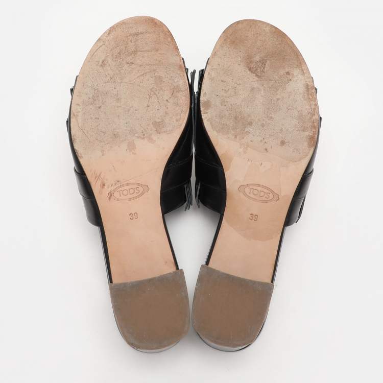 Pre Owned Tod's Black Leather Double T Fringe Slide Sandals Size 39
