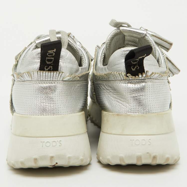 Pre Owned Tod's Silver Perforated Leather Low Top Sneakers Size 39.5
