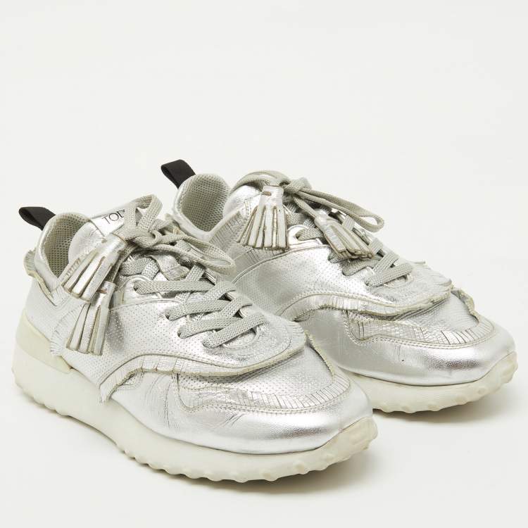 Pre Owned Tod's Silver Perforated Leather Low Top Sneakers Size 39.5