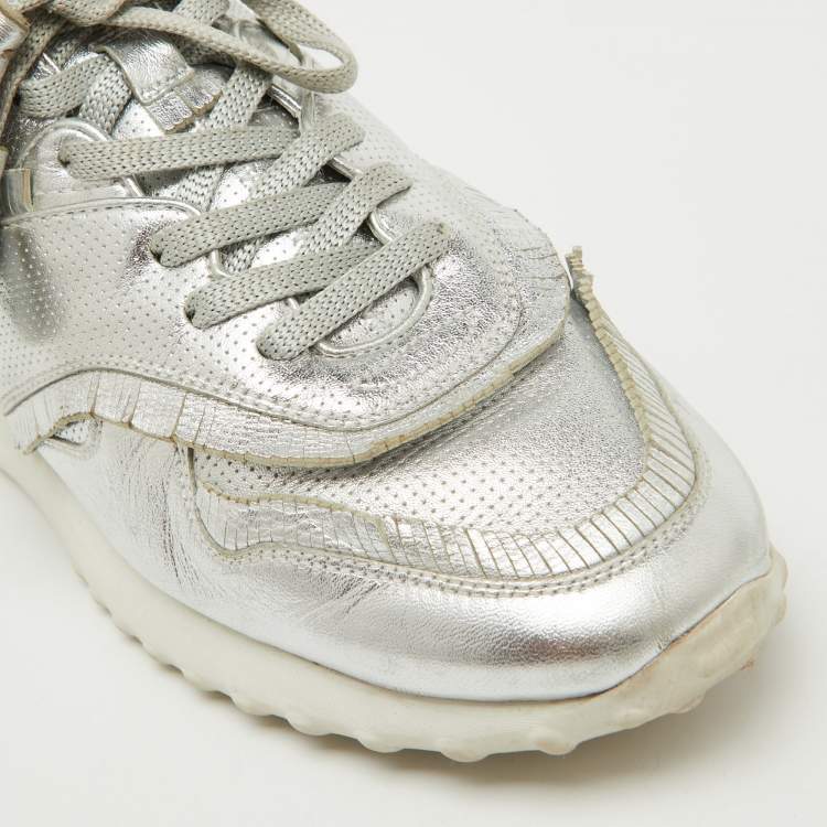 Pre Owned Tod's Silver Perforated Leather Low Top Sneakers Size 39.5