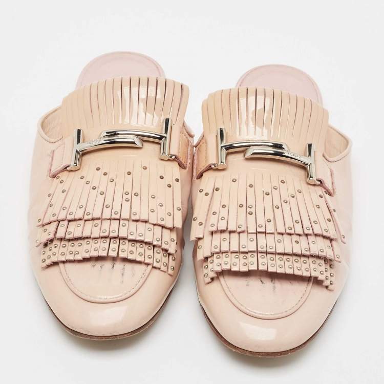Pre Owned Tod's Beige Patent Studded Double T Mules Size 39