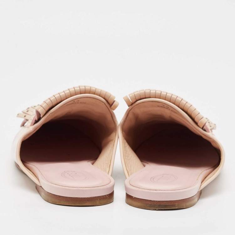 Pre Owned Tod's Beige Patent Studded Double T Mules Size 39