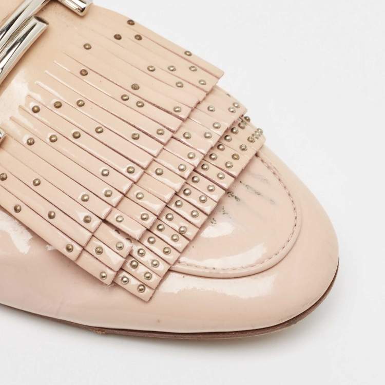 Pre Owned Tod's Beige Patent Studded Double T Mules Size 39