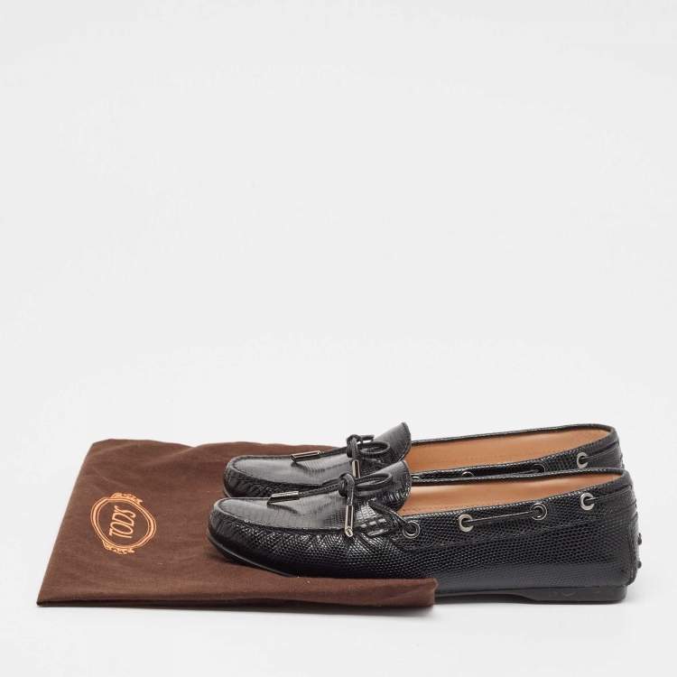 Pre Owned Tod's Black Lizard Embossed Leather Driver Loafers Size 37.5