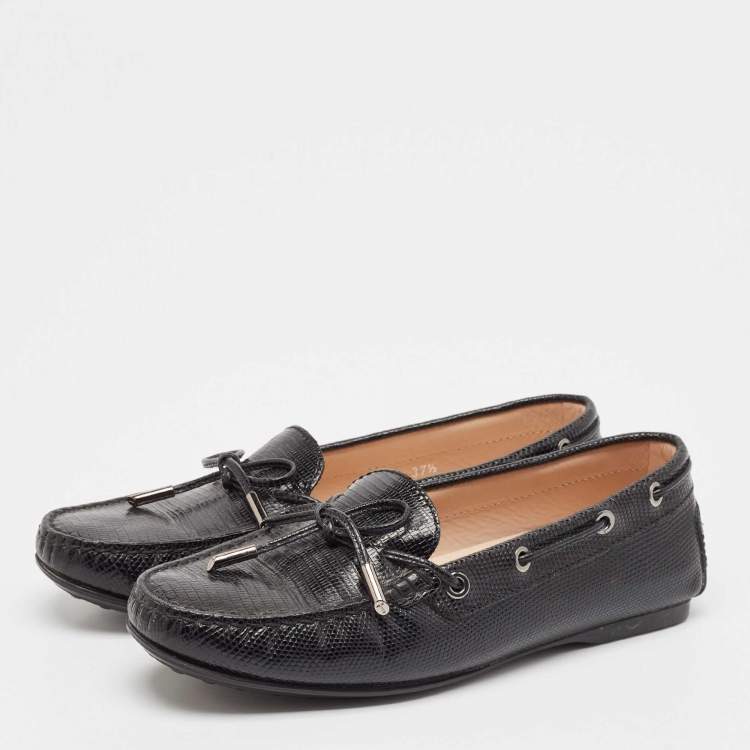 Pre Owned Tod's Black Lizard Embossed Leather Driver Loafers Size 37.5