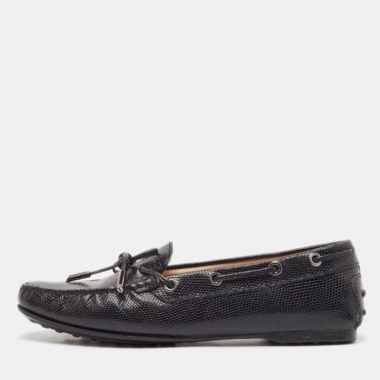 Pre Owned Tod's Black Lizard Embossed Leather Driver Loafers Size 37.5