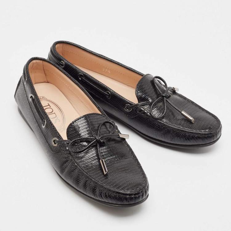 Pre Owned Tod's Black Lizard Embossed Leather Driver Loafers Size 37.5