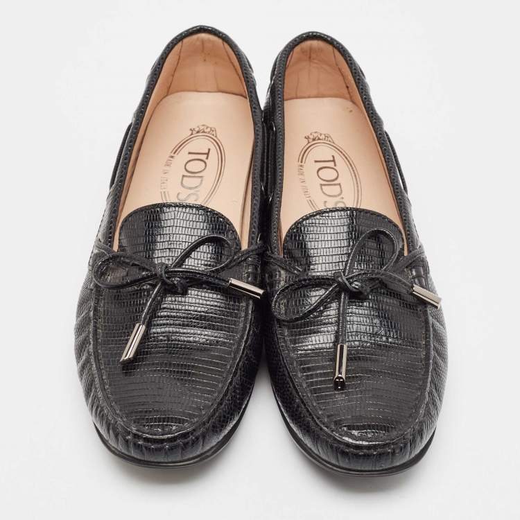 Pre Owned Tod's Black Lizard Embossed Leather Driver Loafers Size 37.5