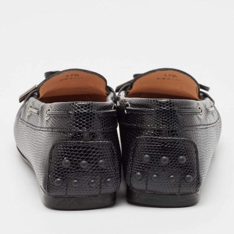 Pre Owned Tod's Black Lizard Embossed Leather Driver Loafers Size 37.5