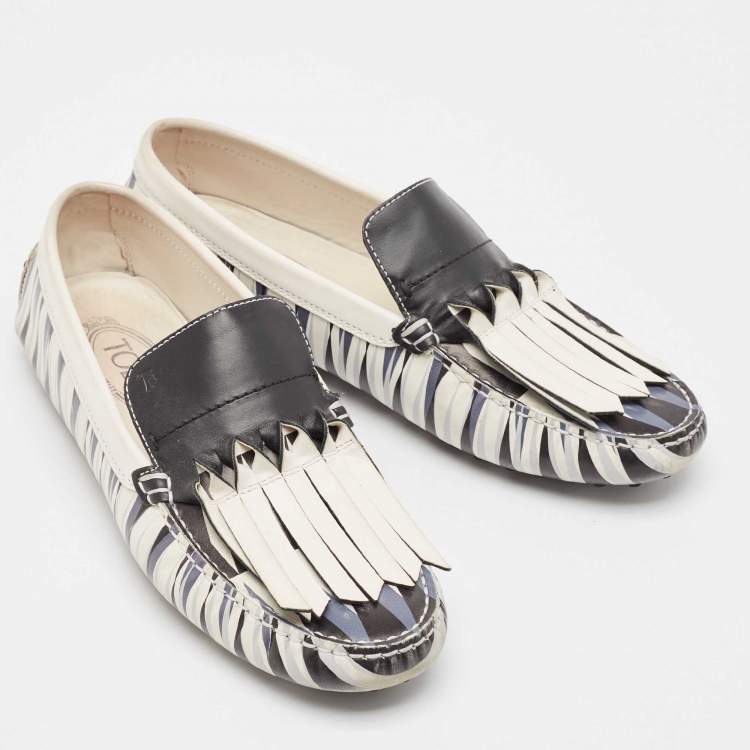 Pre Owned Tod's Navy Blue/White Printed Leather Fringe Slip On Loafers Size 39.5