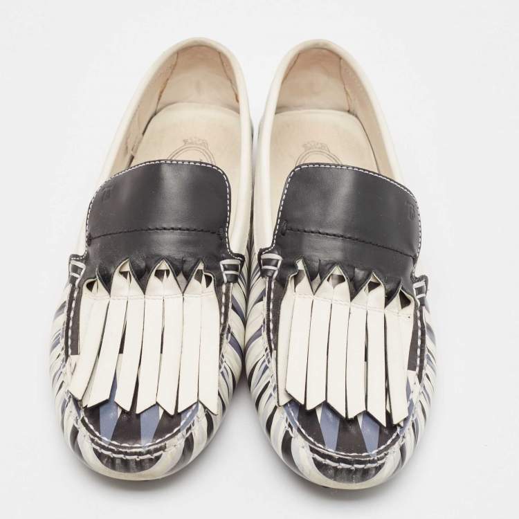 Pre Owned Tod's Navy Blue/White Printed Leather Fringe Slip On Loafers Size 39.5
