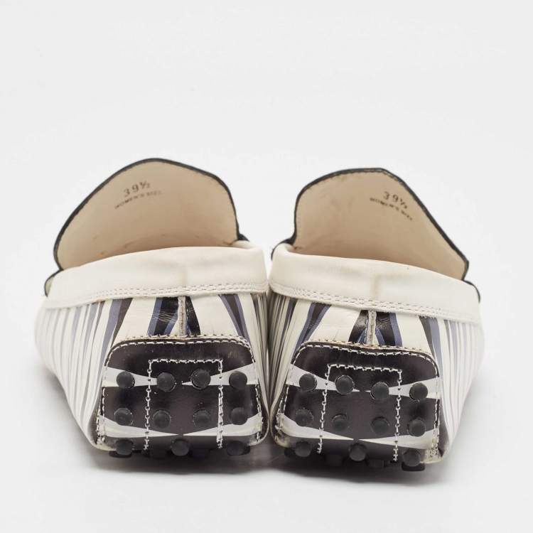 Pre Owned Tod's Navy Blue/White Printed Leather Fringe Slip On Loafers Size 39.5