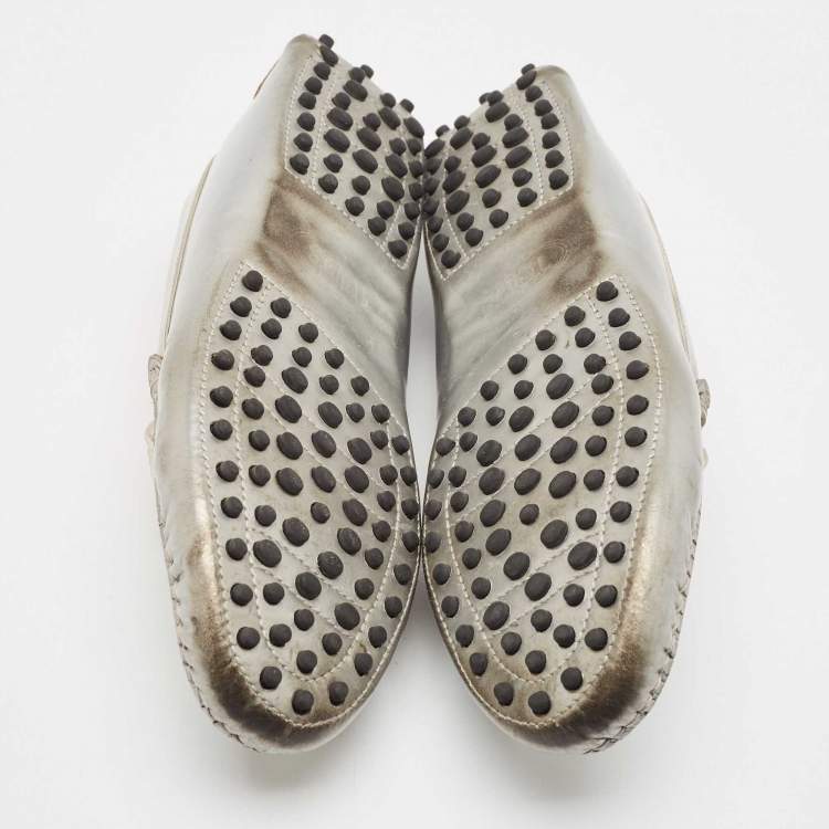 Pre Owned Tod's Silver Leather Studded Gommini Loafers Size 39.5