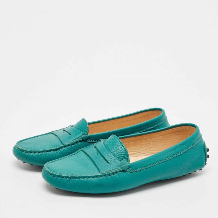 Pre Owned Tod's Green Leather Gommino Slip On Loafers Size 37